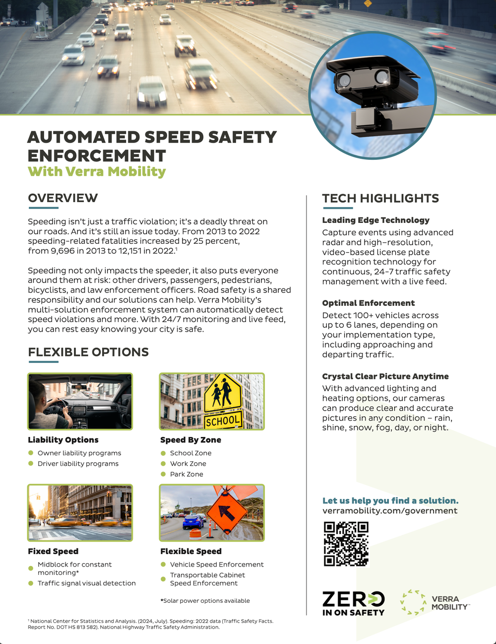 Automated speed safety enforcement sell sheet with a motion-blurred highway photograph, a circular inset of a roadside camera unit, an overview section, a four-panel grid of enforcement options and a tech highlights column.