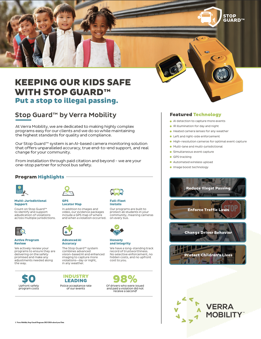 Stop Guard sell sheet with a photograph of children boarding a school bus, camera hardware renders, six program highlight icons with descriptions, a featured technology list, four captioned outcome images and three large figures at the base.