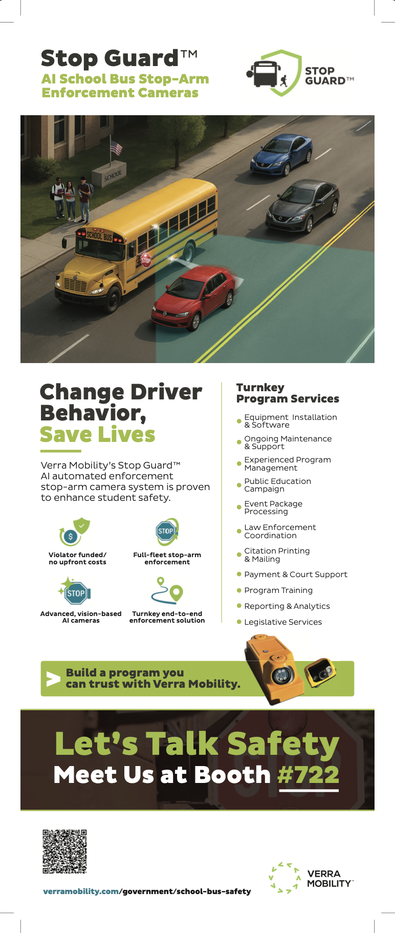 Vertical trade show advertisement for Stop Guard AI school bus stop-arm cameras, showing the aerial bus illustration, four benefit icons, a turnkey services list, camera hardware and a Meet Us at Booth 722 call to action.