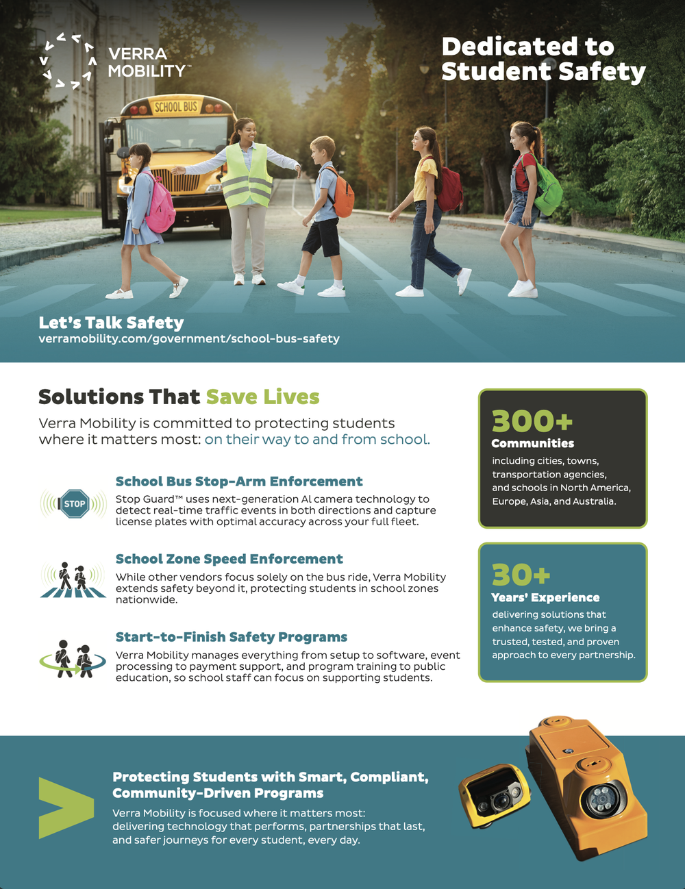 Sell sheet headed Dedicated to Student Safety, with a photograph of a crossing guard escorting children past a school bus, three solution descriptions covering stop-arm enforcement, school zone speed enforcement and end-to-end programs, and two statistic panels.