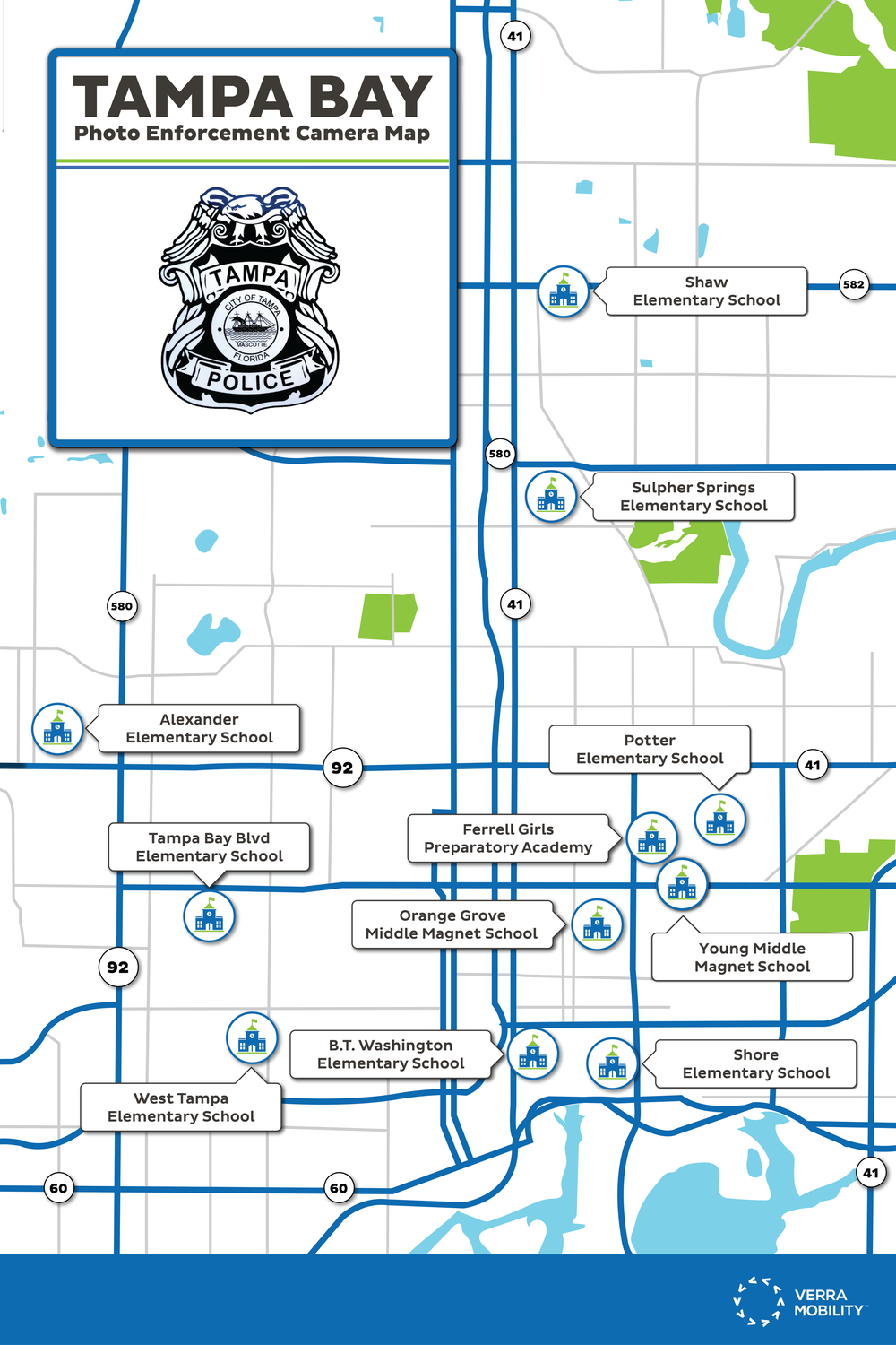 Large-format Tampa Bay photo enforcement camera map showing highway routes in blue, waterways and parkland, and twelve school markers with named callout labels, headed by a panel carrying the Tampa Police badge.