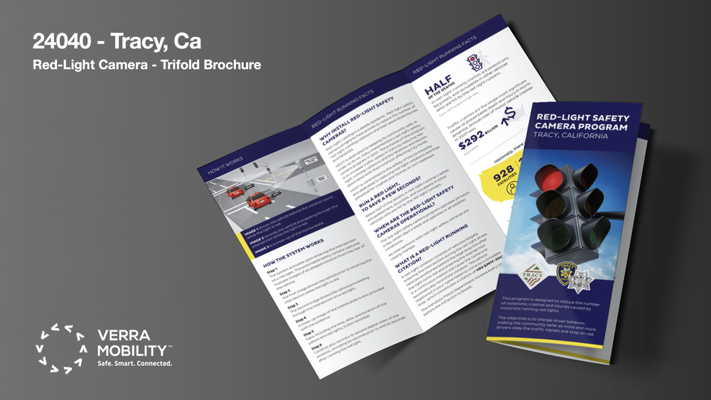 Presentation mockup of the Tracy, California red-light safety camera trifold brochure, shown open to the interior spread and closed to the cover, on a grey background with the project number and title.