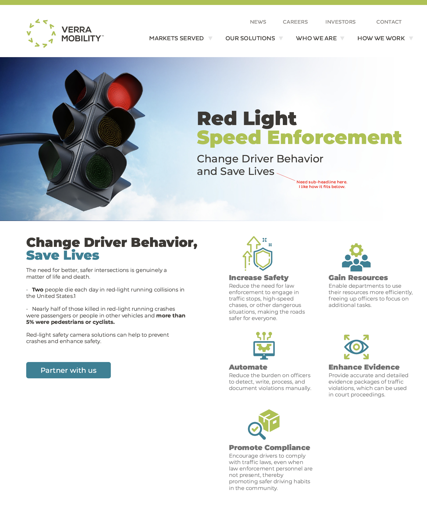 Design comp of the Verra Mobility red light and speed enforcement web page, showing a traffic signal hero with headline and annotation, a change driver behaviour section with statistics and a partner with us button, and a five-item icon grid covering safety, resources, automation, evidence and compliance.