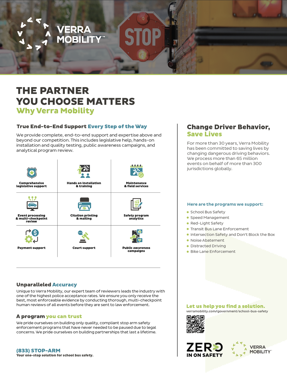 Sell sheet headed The Partner You Choose Matters, with a school bus stop-arm photograph, a nine-cell icon grid covering services from legislative support through court support, and a right column listing supported programs.