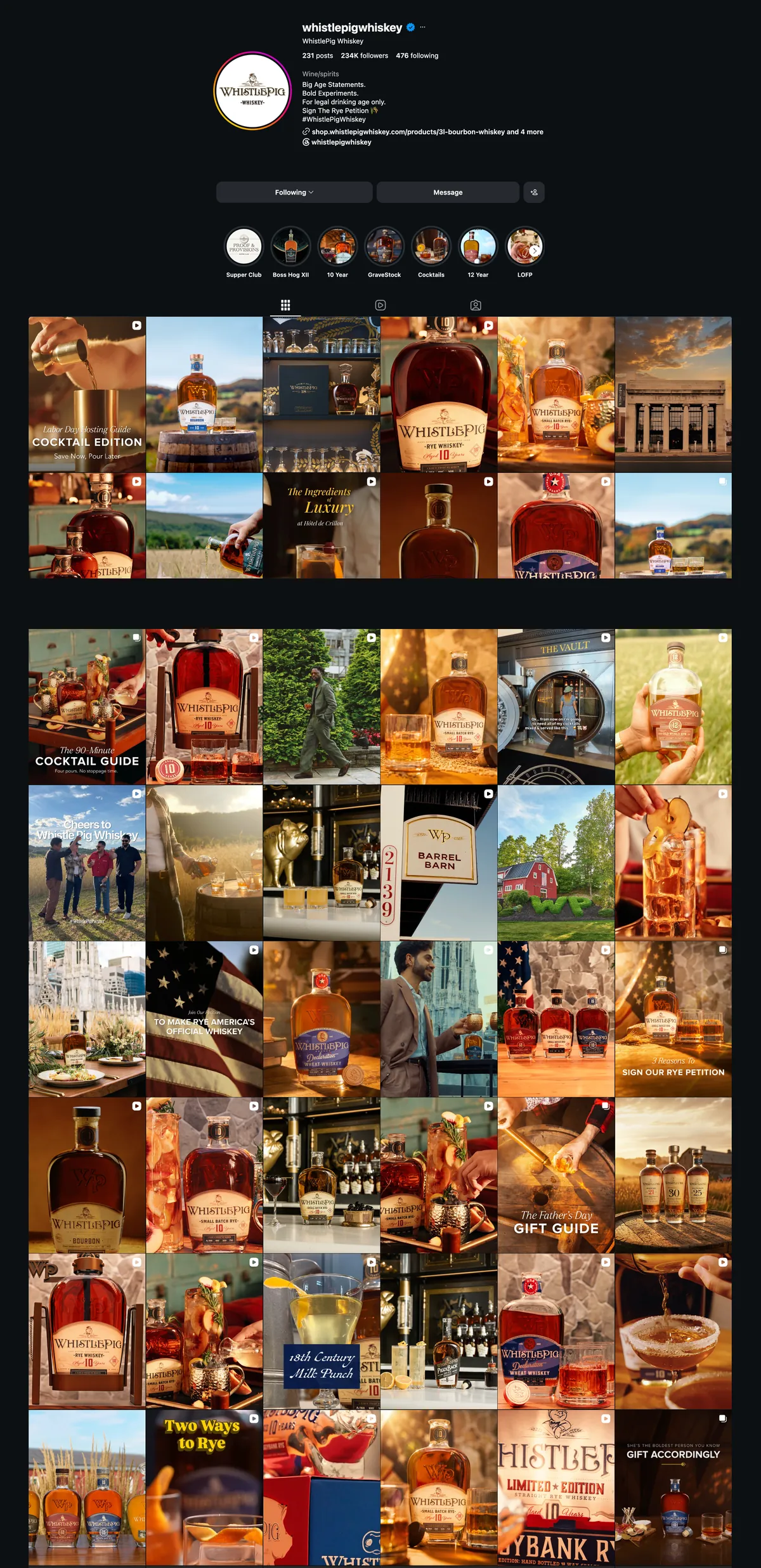 The WhistlePig Whiskey Instagram profile on a dark interface, showing 231 posts and 234K followers above story highlights and a long grid of square posts mixing bottle photography, cocktail videos, farm scenes and campaign graphics.