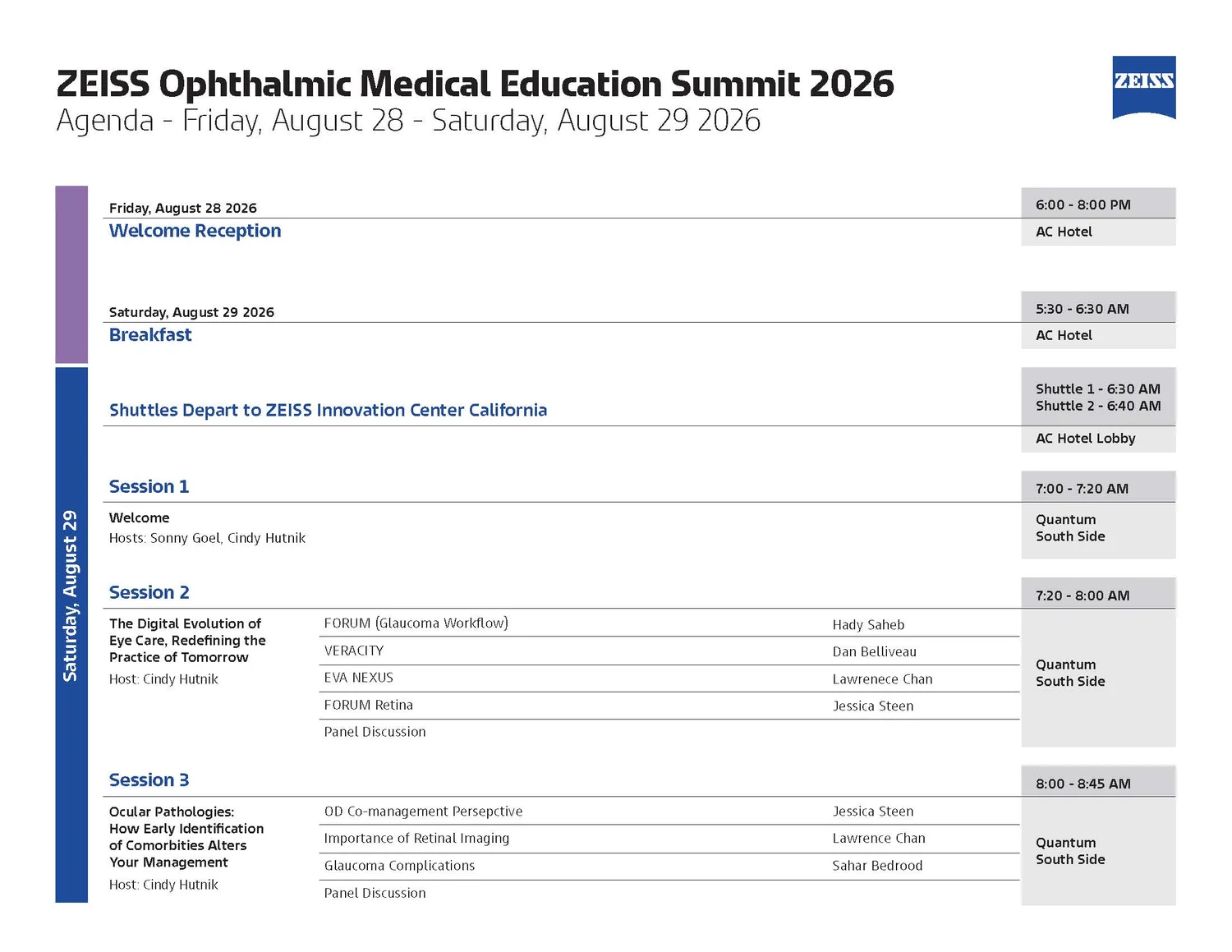 Agenda page covering Friday evening and Saturday morning, with a purple then blue day spine at left, welcome reception and breakfast entries, shuttle departures, and Sessions 1 to 3 listing individual talks and speakers with times and rooms in the right column.