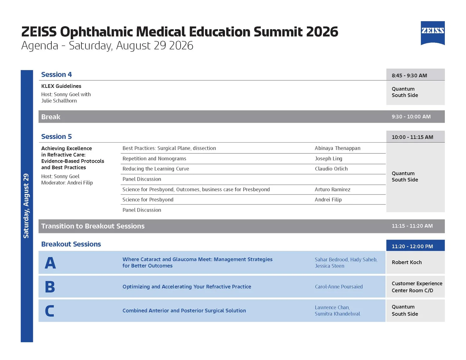Saturday morning agenda page showing Session 4, a grey break bar, Session 5 with six listed talks, a transition bar, and three lettered breakout sessions A, B and C in tinted bands with rooms at right.