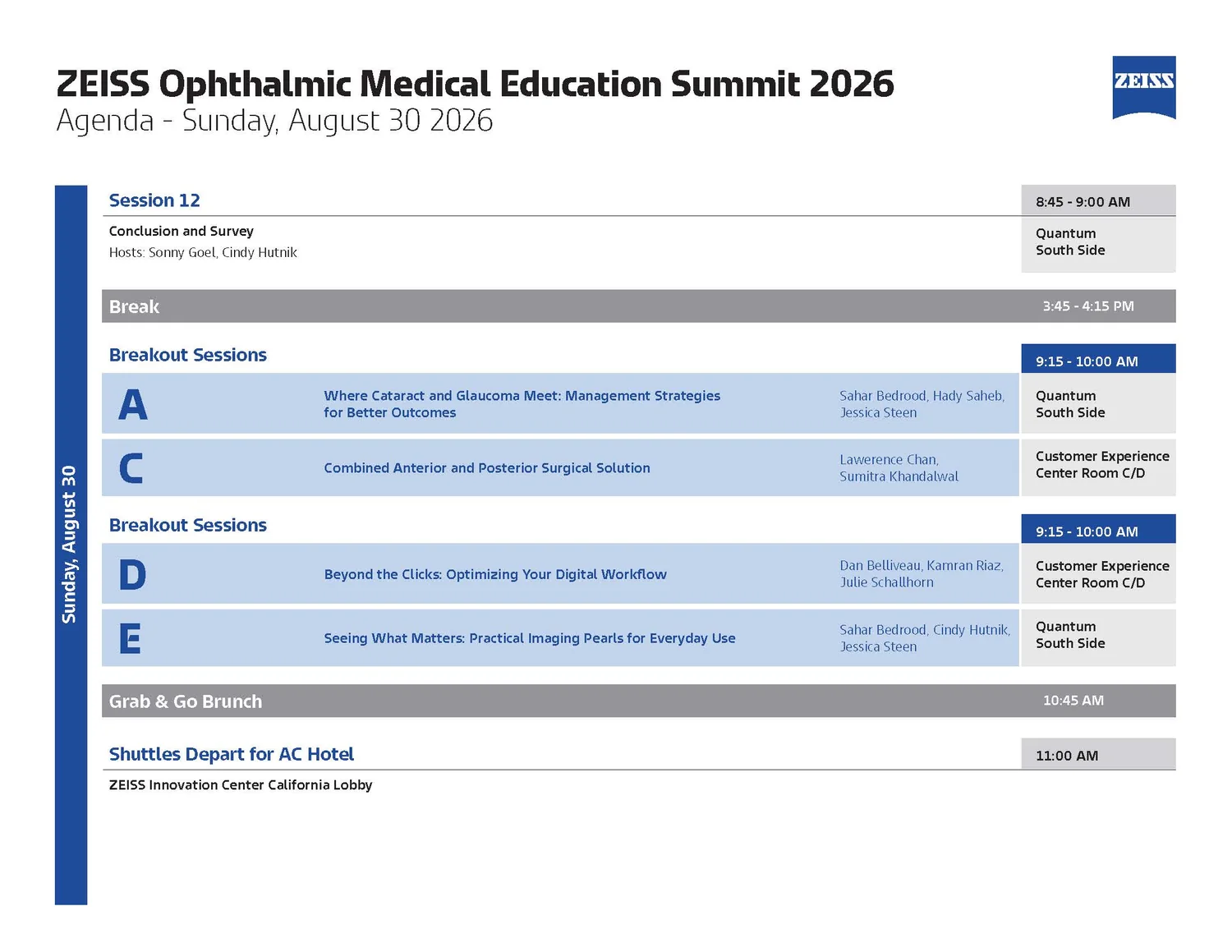 Final agenda page with the concluding session, two sets of breakout sessions lettered A, C, D and E in tinted bands, grab and go brunch, and the closing shuttle departure.