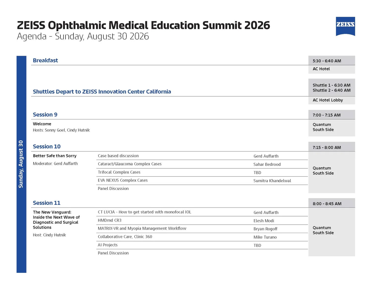 Sunday morning agenda page with breakfast and shuttle entries, a welcome session, and Sessions 10 and 11 listing case-based discussions and next-generation diagnostic and surgical topics with speakers.