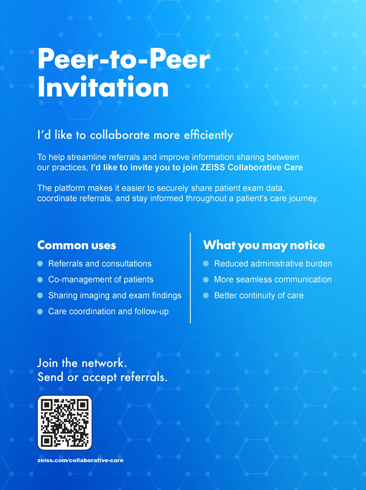 Vertical Peer-to-Peer Invitation for ZEISS Collaborative Care on a blue gradient with a faint hexagonal network pattern, headed with the invitation, then two columns listing common uses and what you may notice, closing with a QR code and web address.