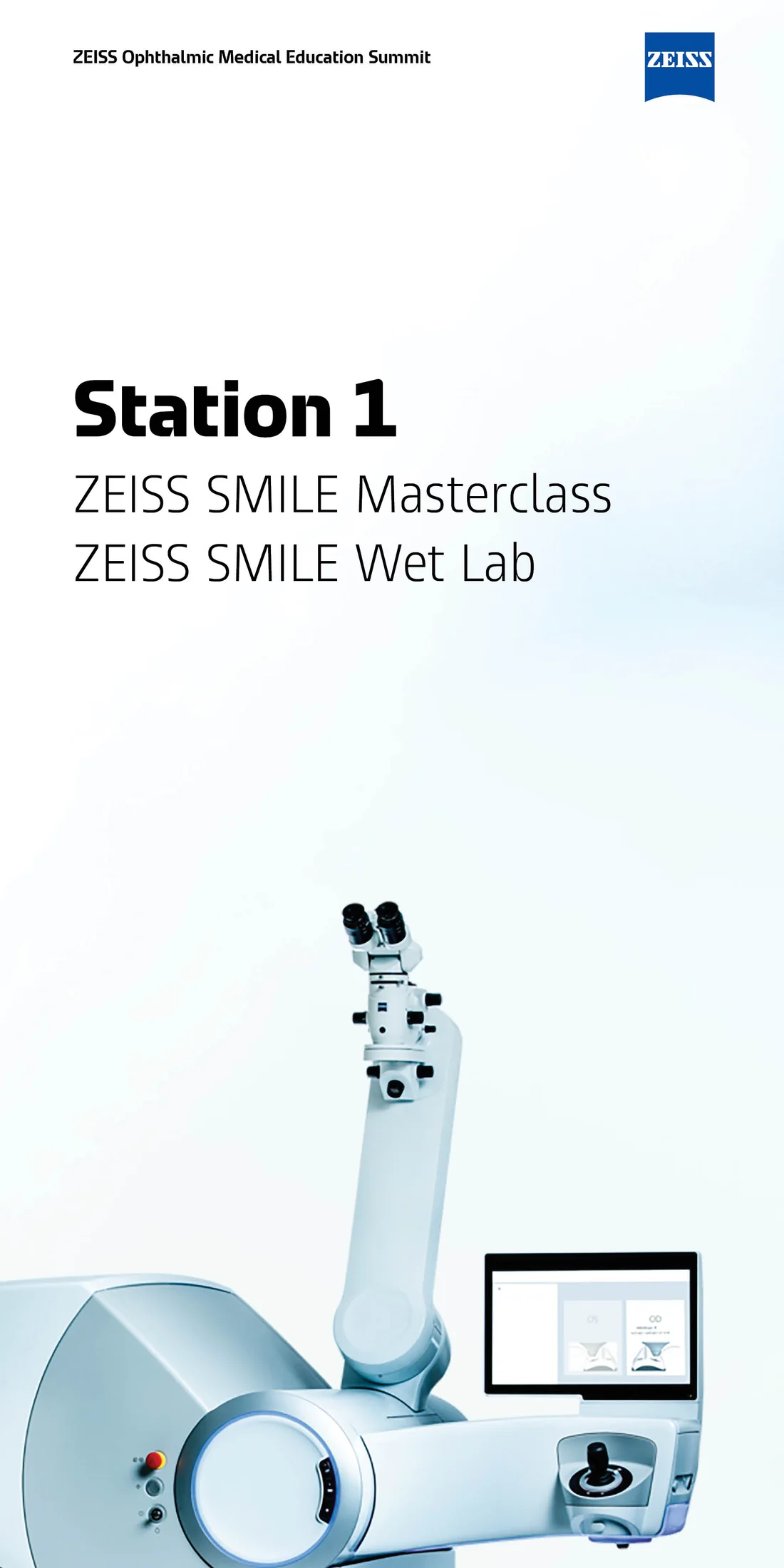 Tall Station 1 banner for the ZEISS SMILE Masterclass and Wet Lab, with a surgical laser platform and its articulated microscope arm cropped off the bottom edge against a white to pale blue gradient.