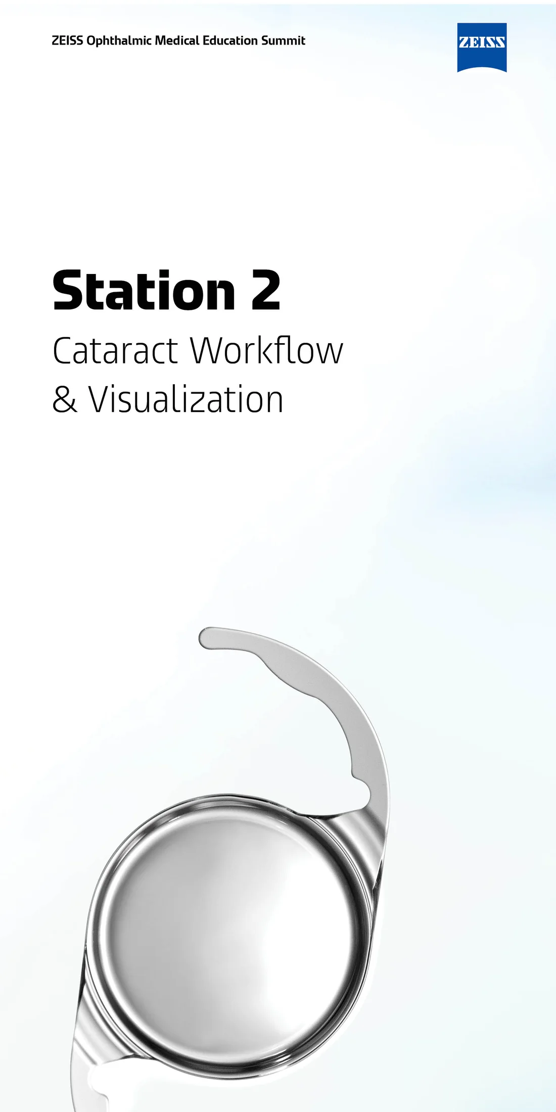 Station 2 banner for Cataract Workflow and Visualization, showing a single intraocular lens with its haptic curving upward, rendered in silver and glass against a near-white ground.