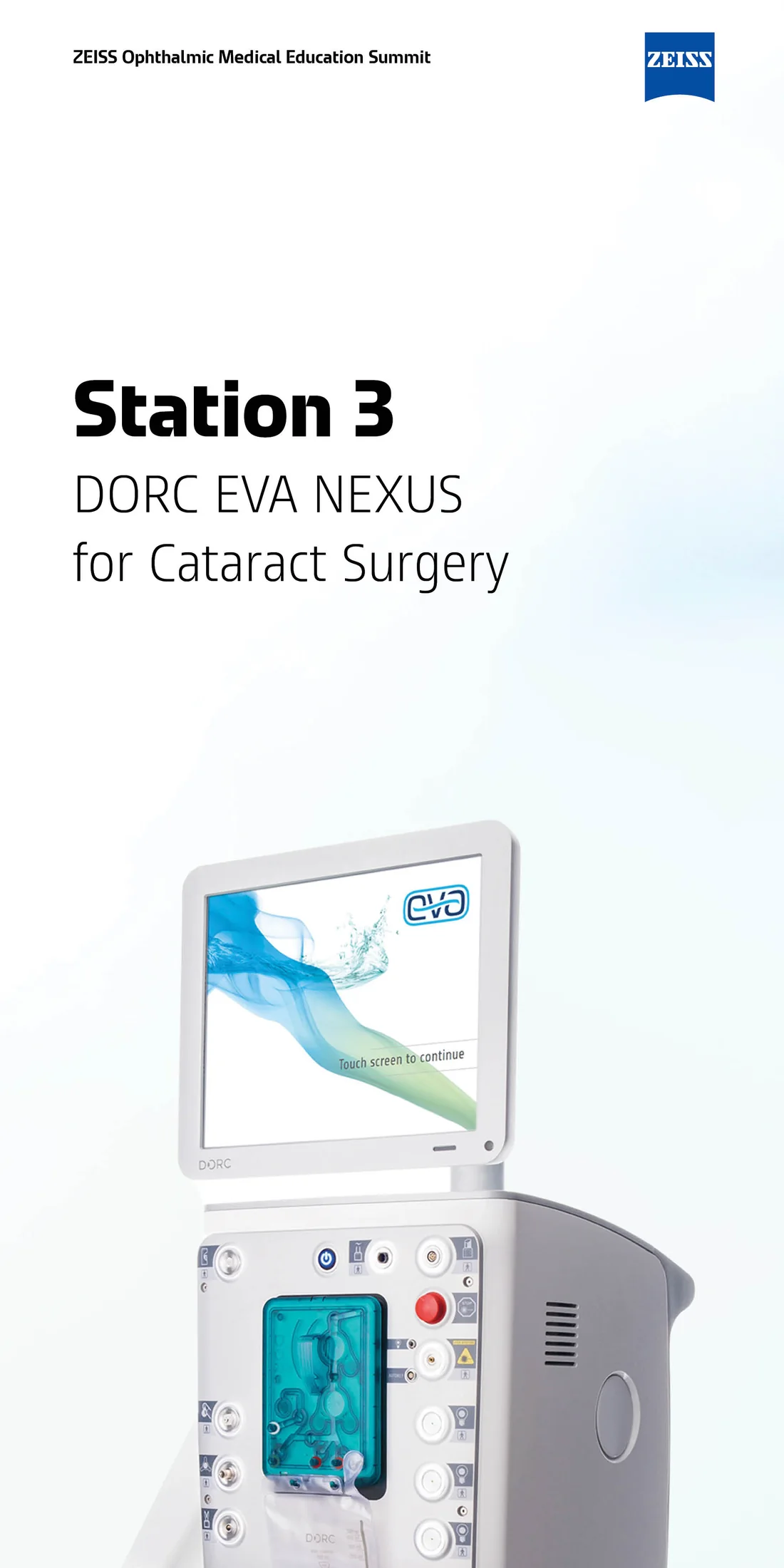 Station 3 banner for DORC EVA NEXUS for Cataract Surgery, showing the console's touchscreen displaying a blue and green fluid graphic above the fluidics cassette and control panel.