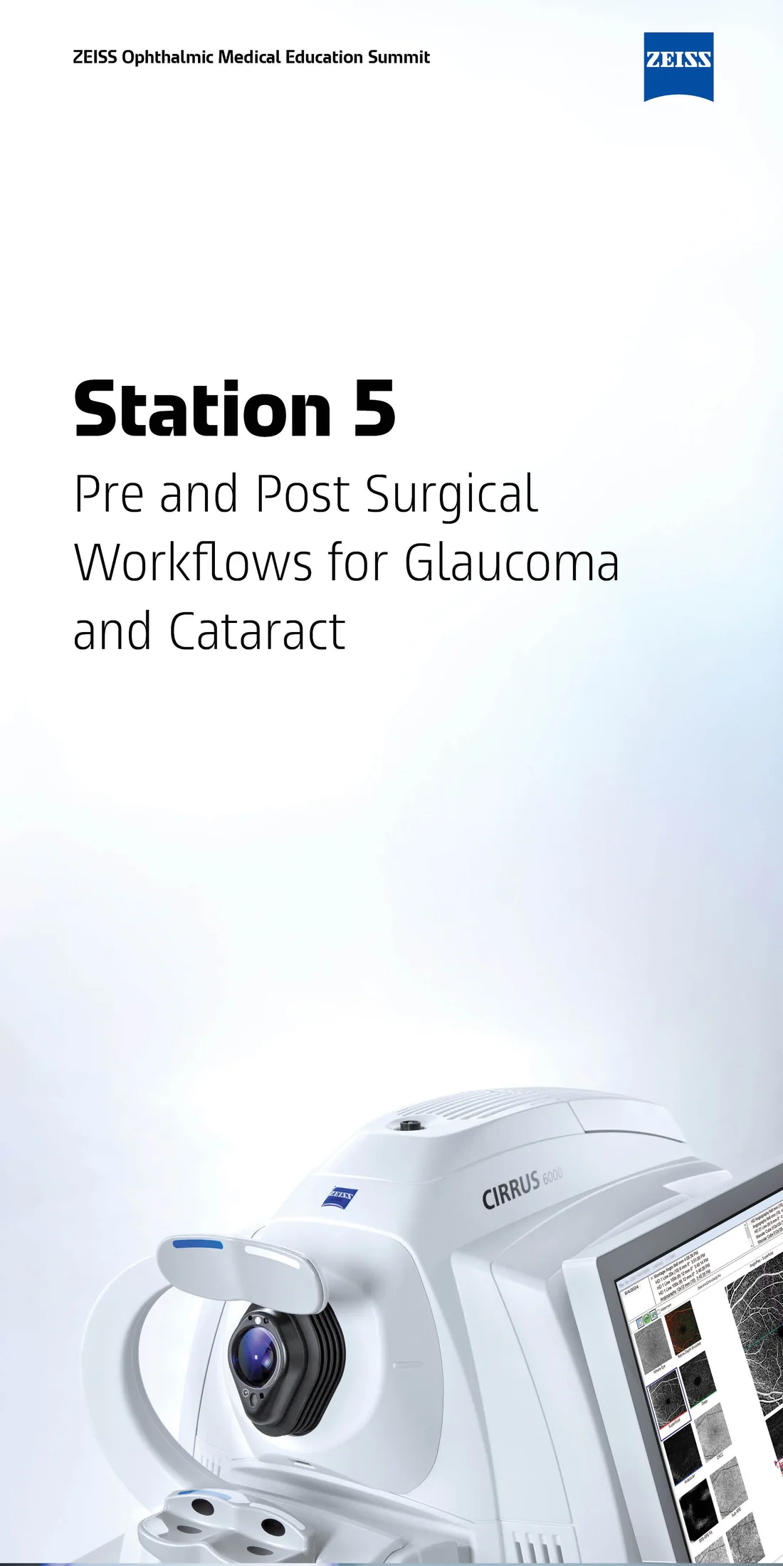 Station 5 banner for Pre and Post Surgical Workflows for Glaucoma and Cataract, showing a CIRRUS 6000 imaging platform with its patient-facing optic and an adjacent display of retinal scan data.