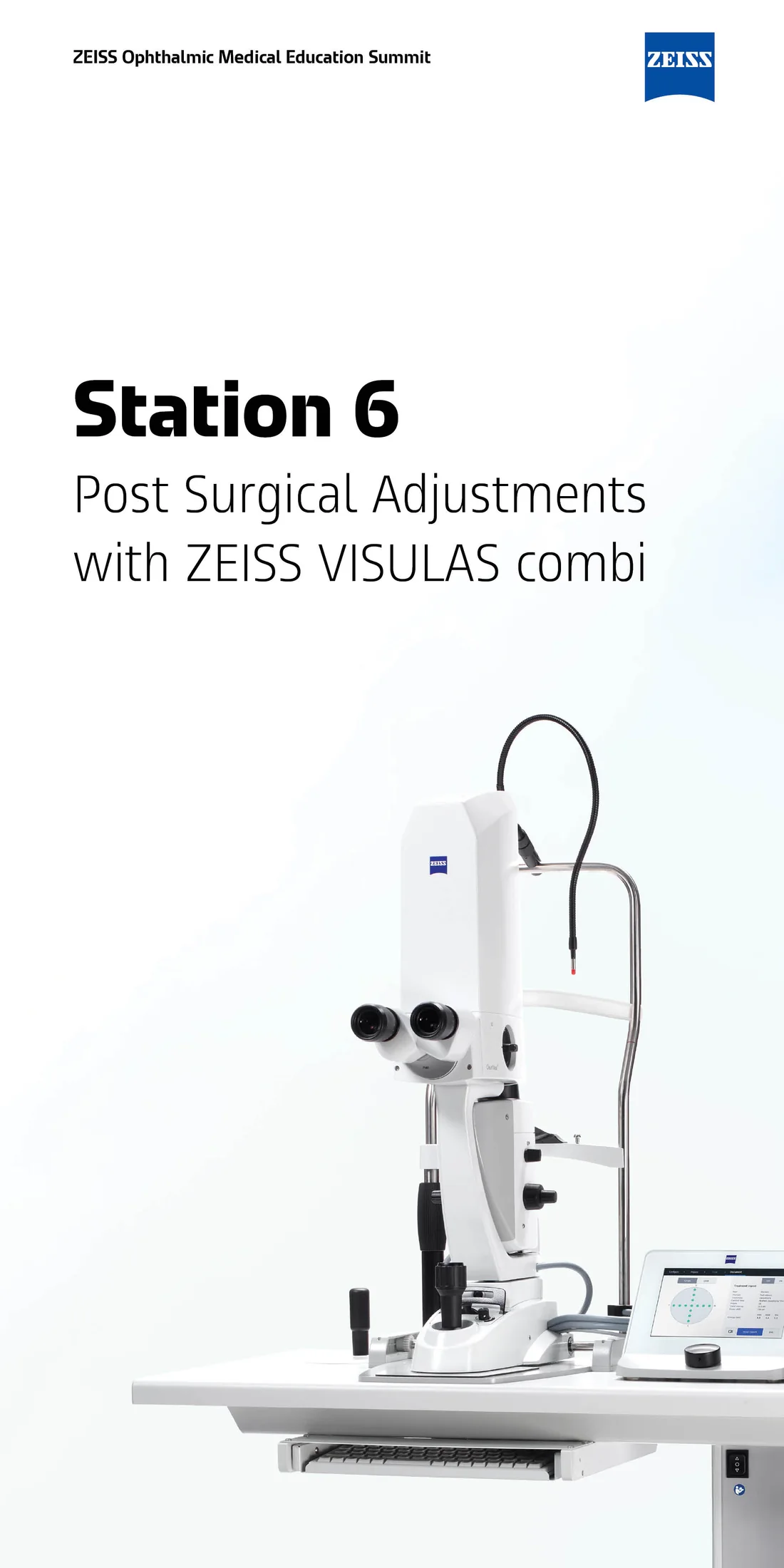 Station 6 banner for Post Surgical Adjustments with ZEISS VISULAS combi, showing the full slit lamp laser system on a treatment table with its control tablet beside it.